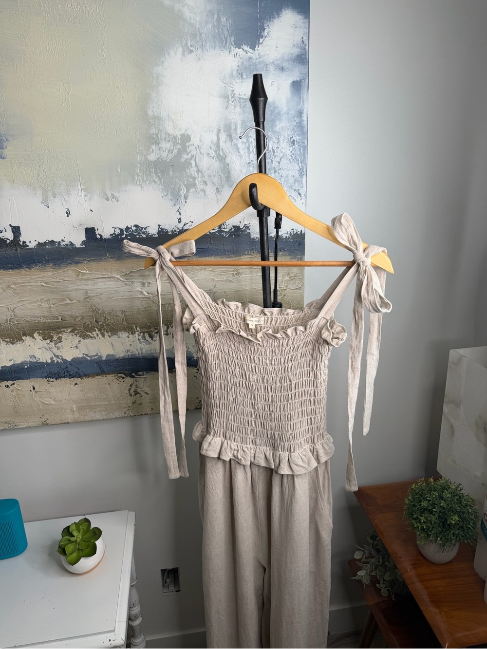 Whimsy + Row Neutral Smocked Ruffle-Neck Jumpsuit